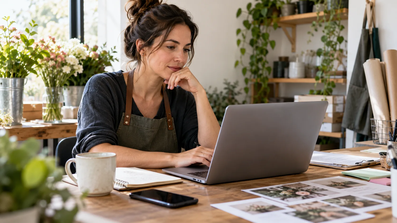 Local business owner reviewing a content plan on a laptop