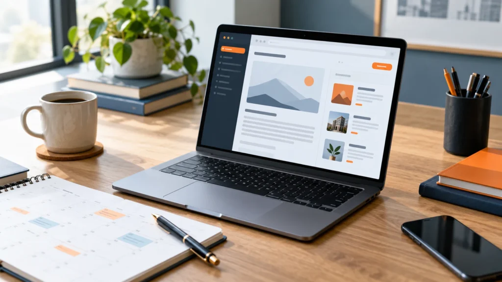 Laptop displaying a conceptual content editor beside a paper content calendar on a desk.