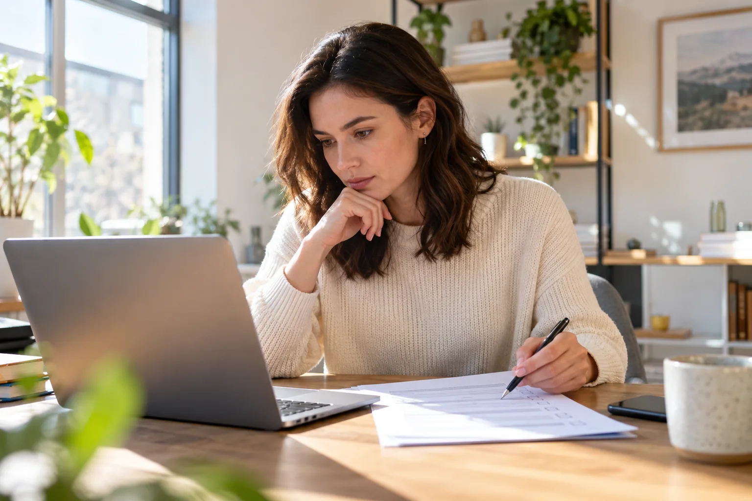 Business professional editing a draft with a checklist beside a laptop