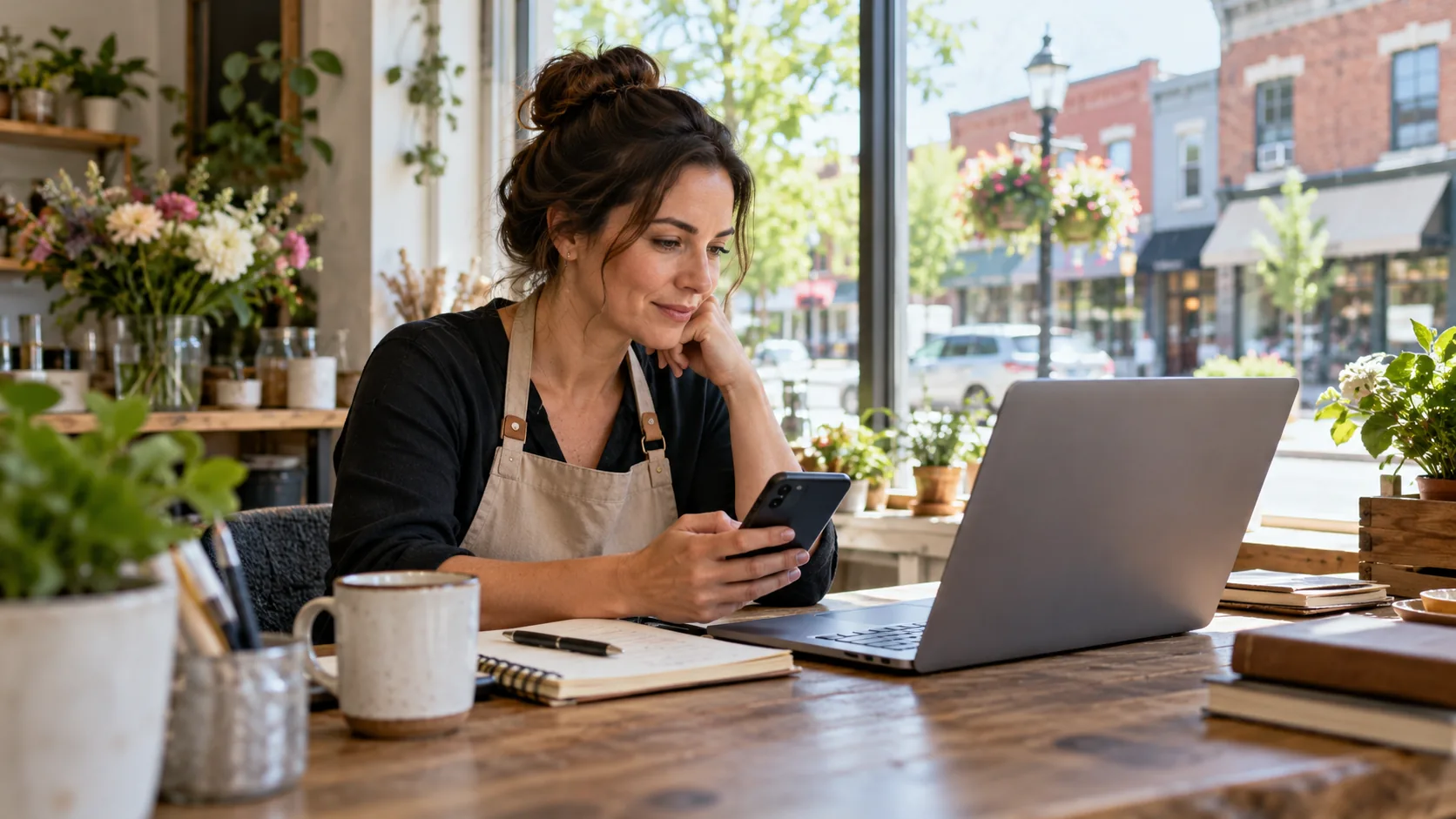 Local business owner evaluating marketing tools at a laptop
