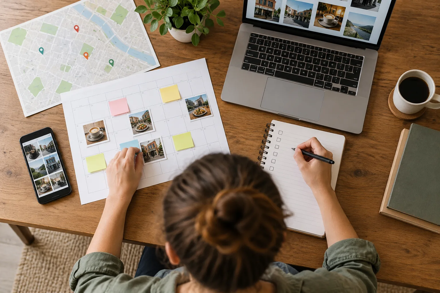 Local content calendar, map and planning notes on a desk
